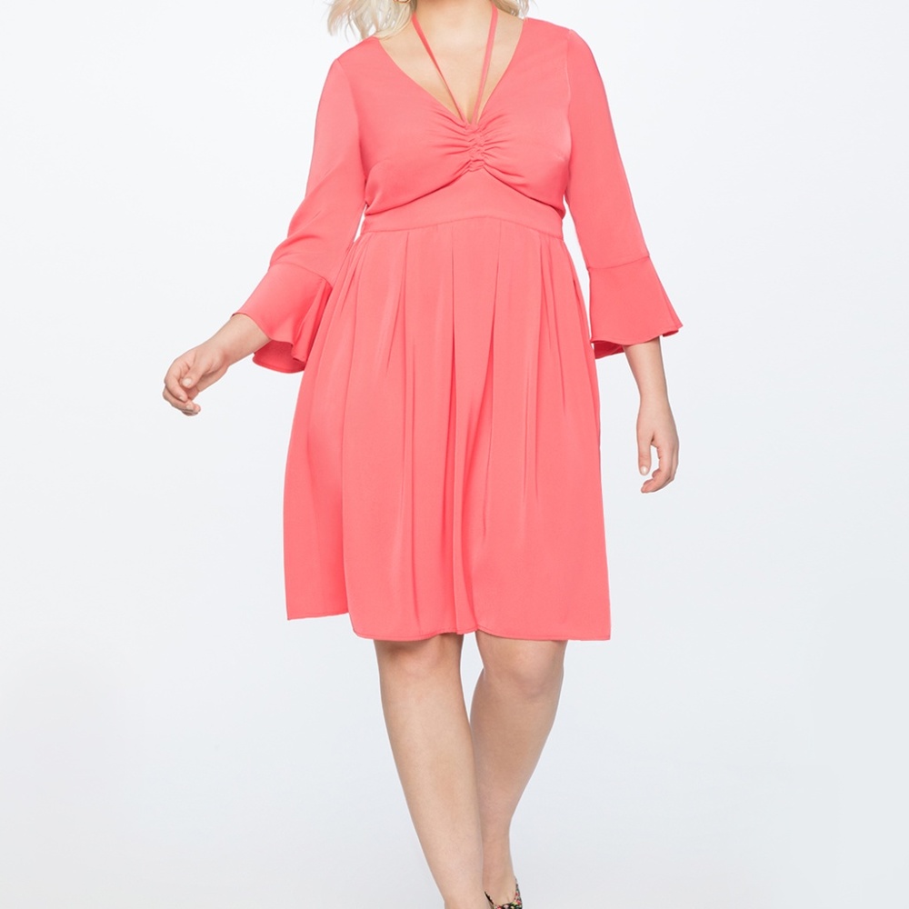 Eloquii Coral Pink Flare Sleeve Dress